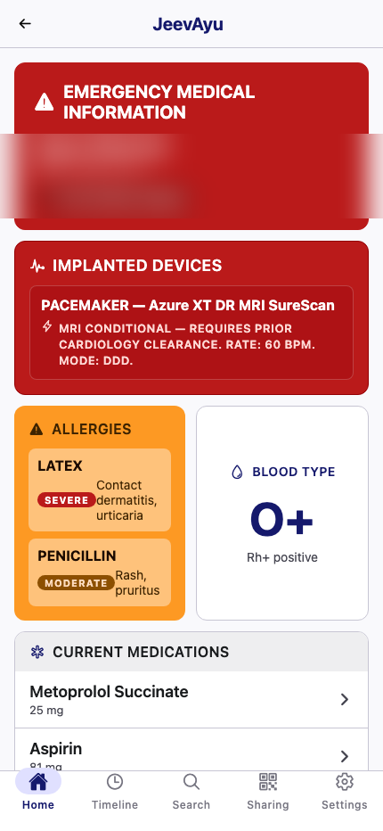 JeevAyu's Emergency Card screen